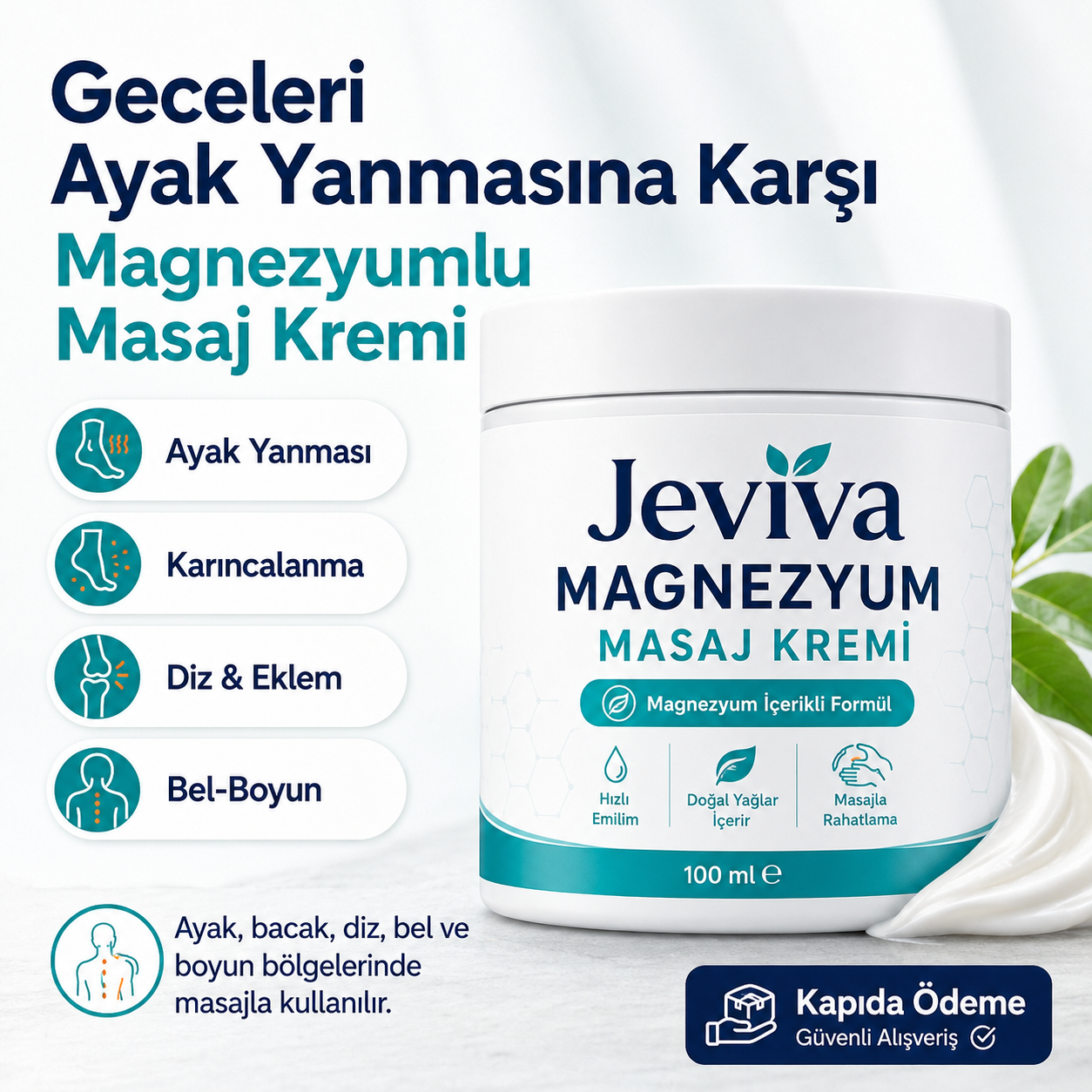 Jeviva™ Magnezyum Masaj Kremi – Ayak, Bacak, Diz, Bel ve Boyun İçin Rahatlatıcı Bakım