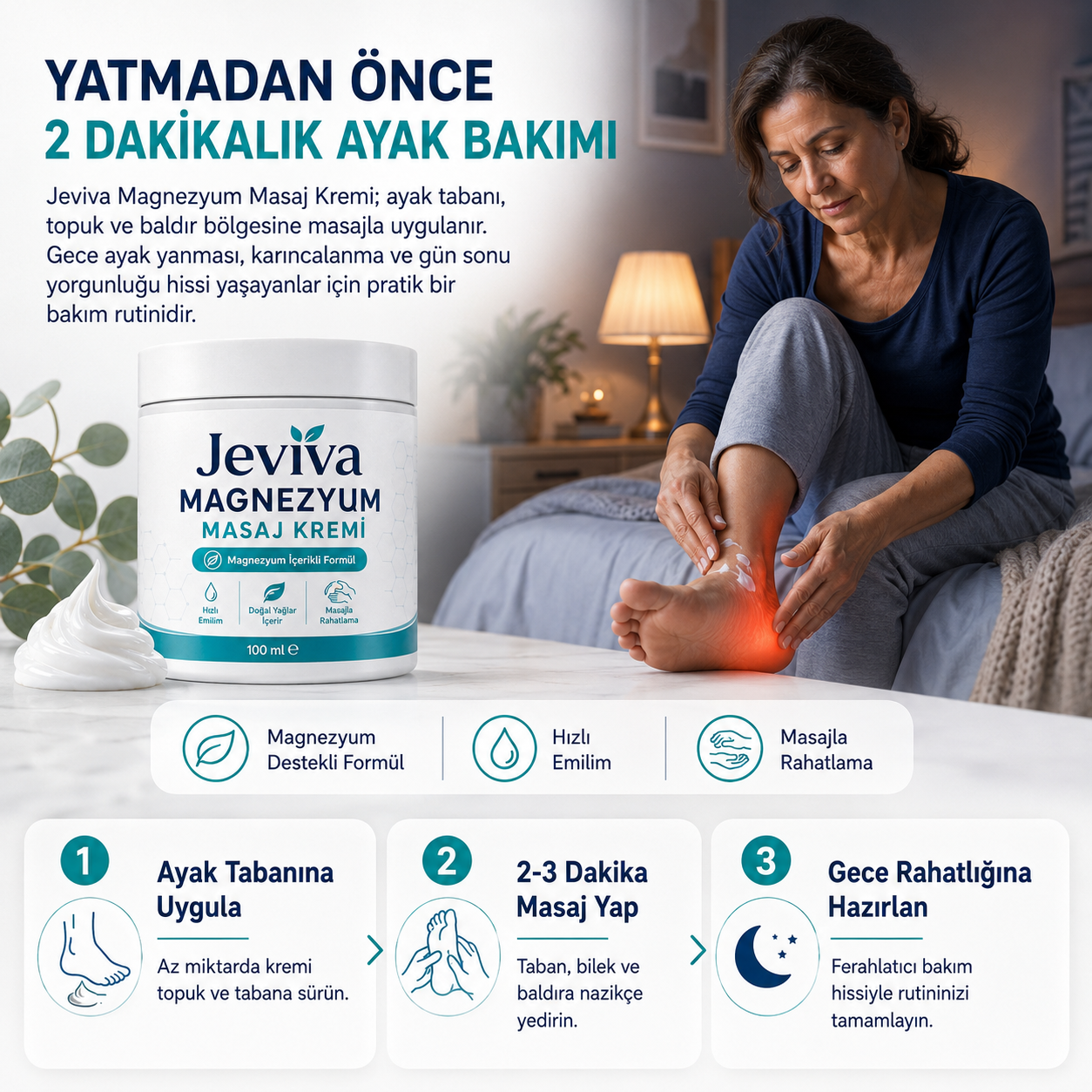 Jeviva™ Magnezyum Masaj Kremi – Ayak, Bacak, Diz, Bel ve Boyun İçin Rahatlatıcı Bakım
