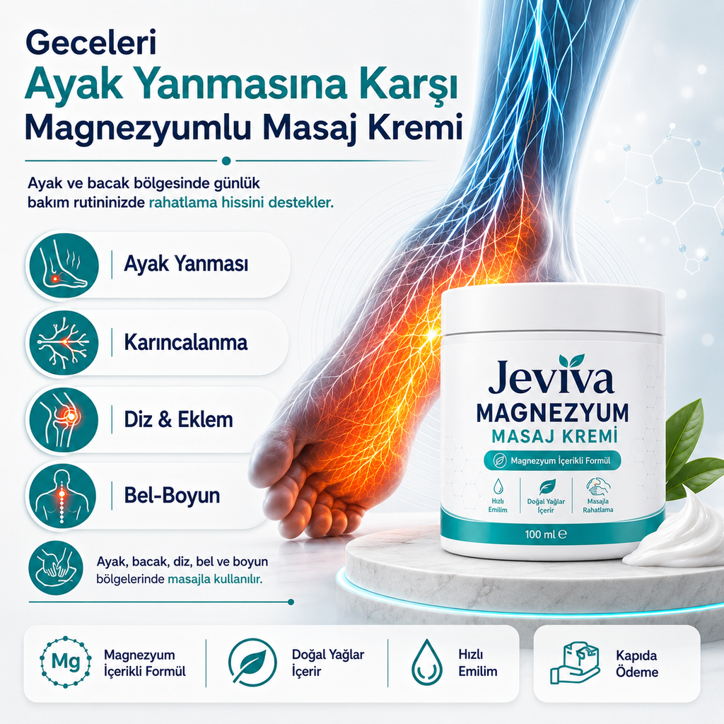 Jeviva™ Magnezyum Masaj Kremi – Ayak, Bacak, Diz, Bel ve Boyun İçin Rahatlatıcı Bakım